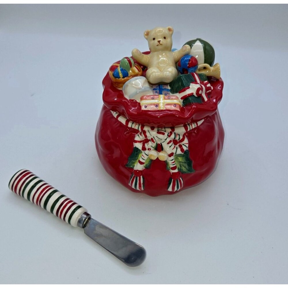 Christmas-Themed Ceramic Candy Jar W/ Lid & Matching Spreader